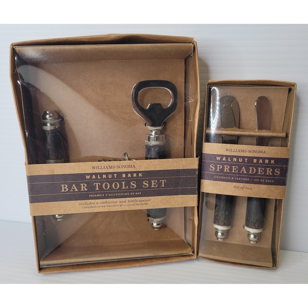 Williams Sonoma Walnut Bark Bar Tool Set & Spreaders Corkscrew New Old Stock